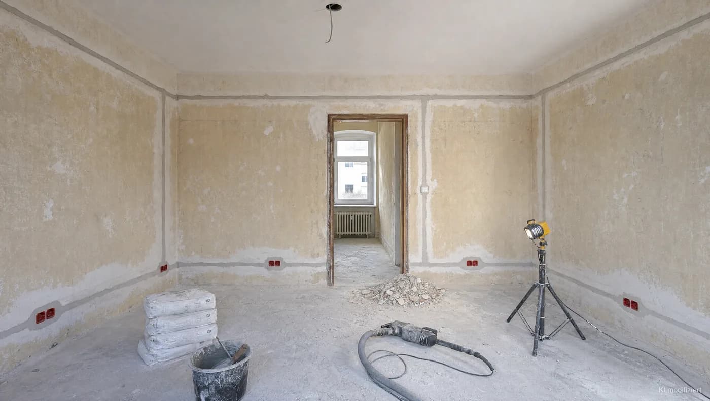 Neu verlegte Leitungen mit roten Abzweig- und Gerätedosen in der entkernten Wohnung